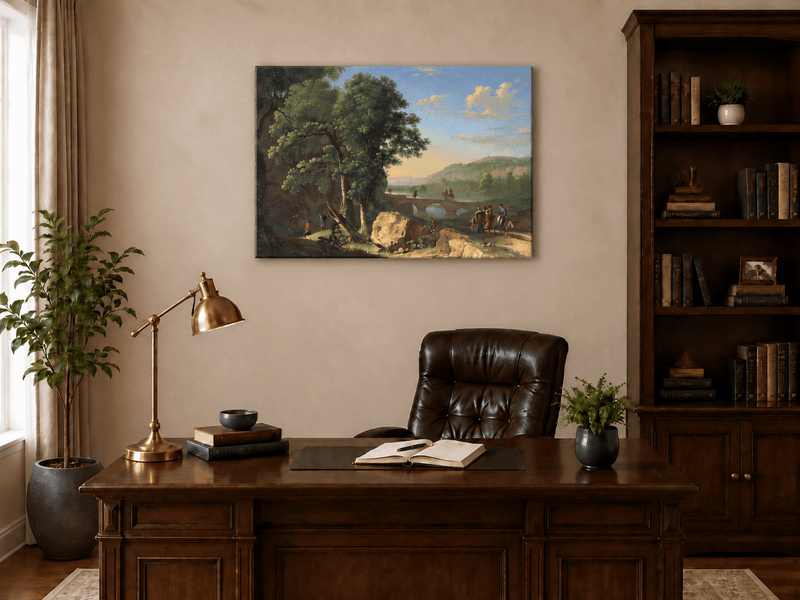 Landscape Oil Painting - River Bridge Scene with Elegant Figures