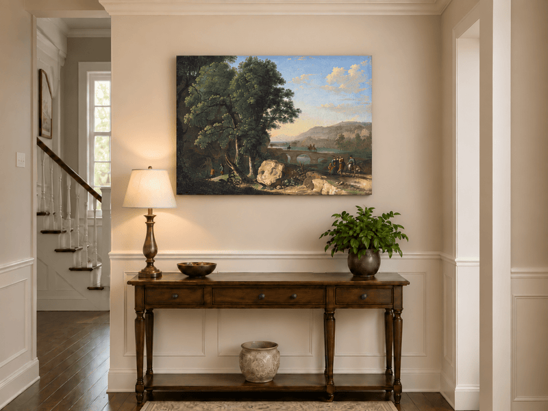 Landscape Oil Painting - River Bridge Scene with Elegant Figures
