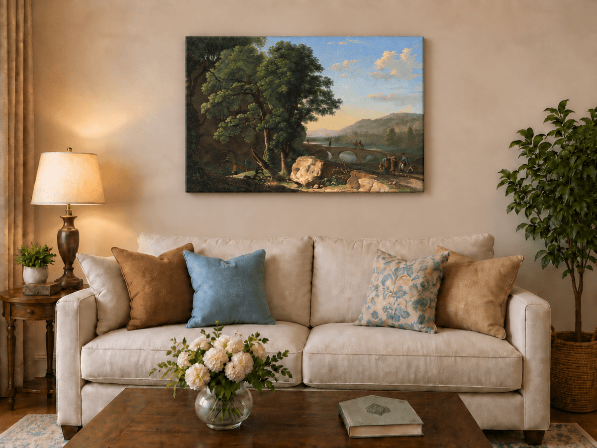 Landscape Oil Painting - River Bridge Scene with Elegant Figures