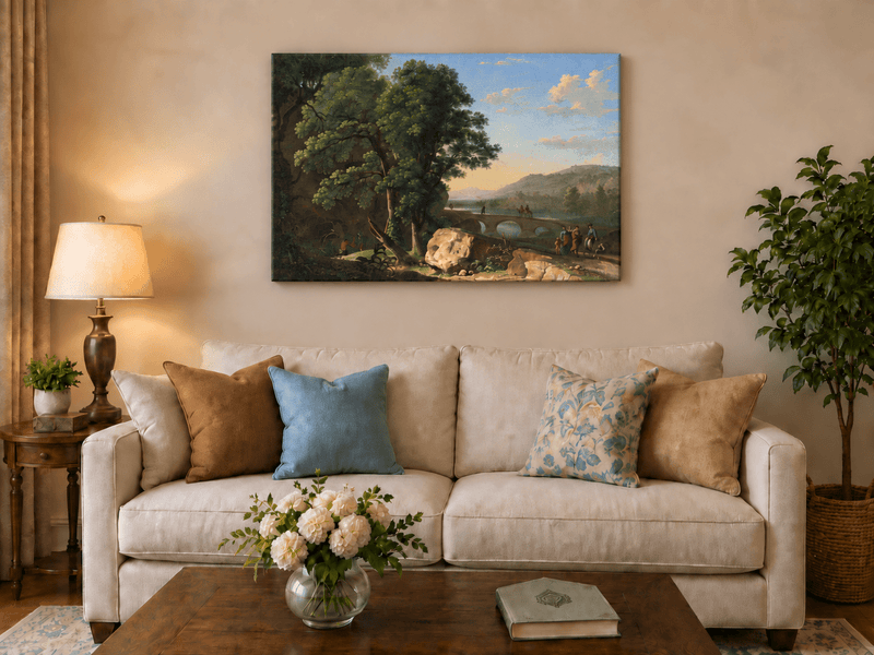 Landscape Oil Painting - River Bridge Scene with Elegant Figures