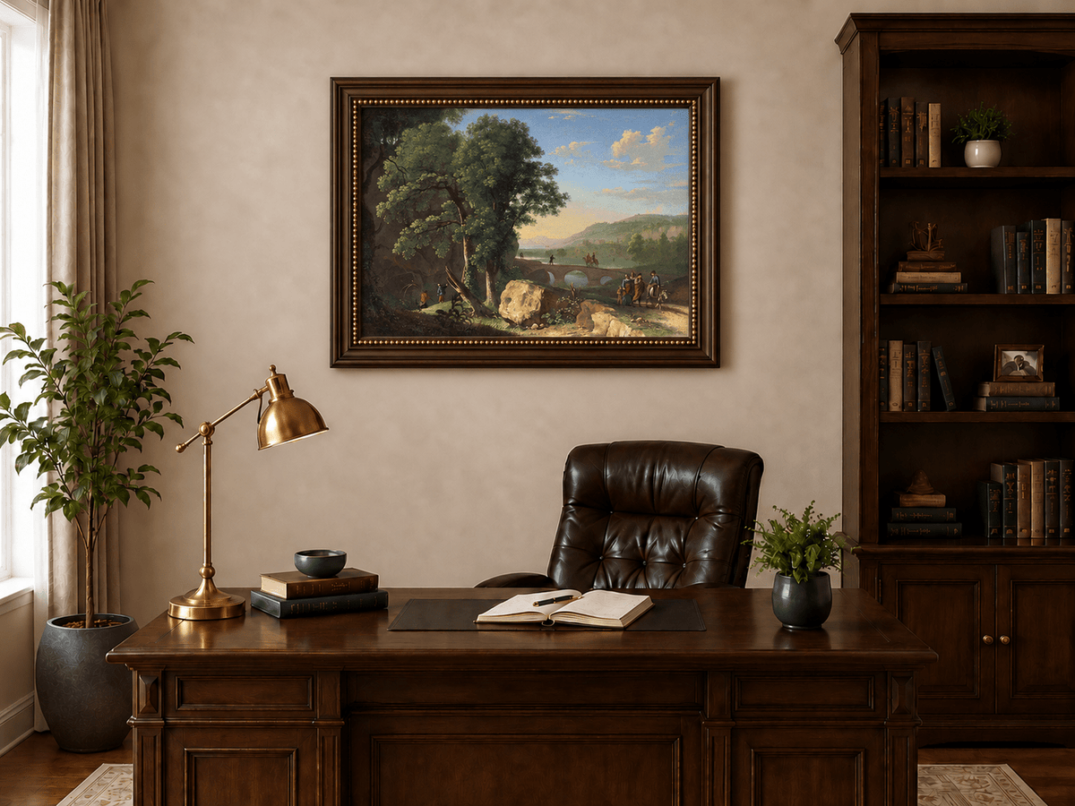 Landscape Oil Painting - River Bridge Scene with Elegant Figures
