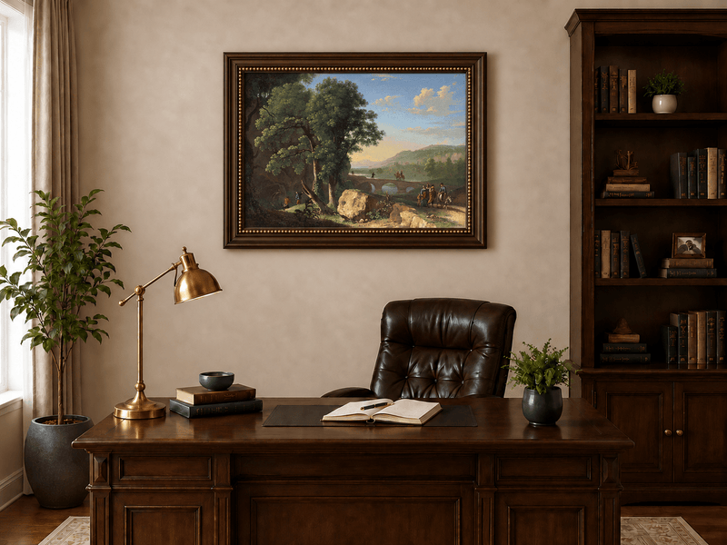 Landscape Oil Painting - River Bridge Scene with Elegant Figures