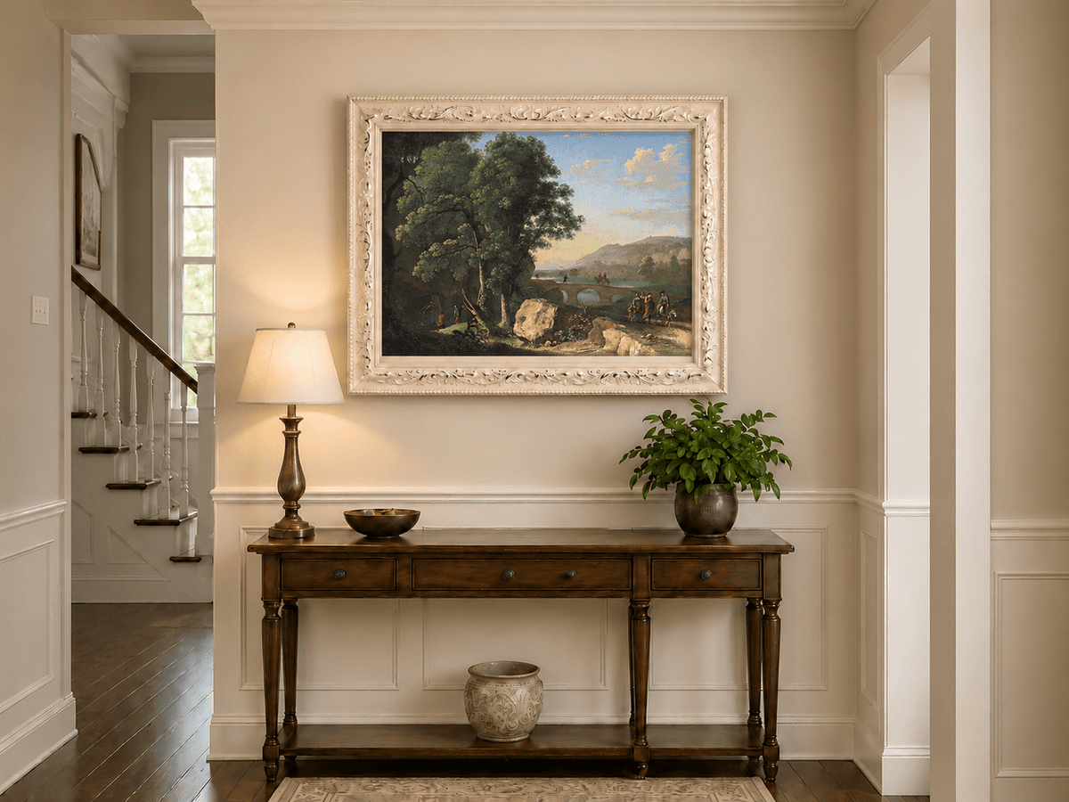 Landscape Oil Painting - River Bridge Scene with Elegant Figures