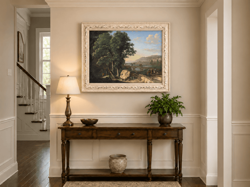 Landscape Oil Painting - River Bridge Scene with Elegant Figures