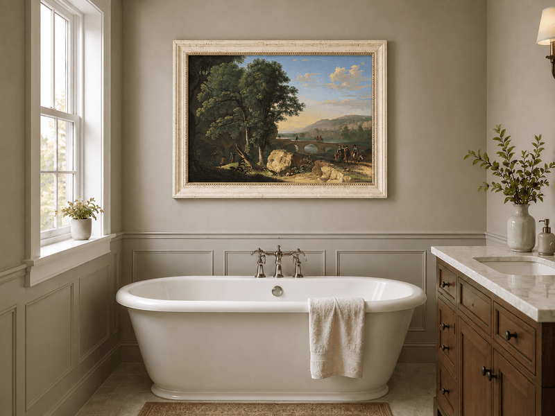 Landscape Oil Painting - River Bridge Scene with Elegant Figures