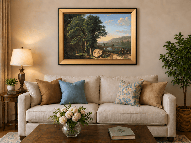 Landscape Oil Painting - River Bridge Scene with Elegant Figures