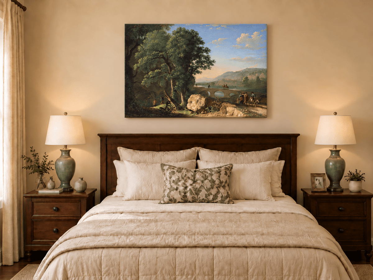 Landscape Oil Painting - River Bridge Scene with Elegant Figures