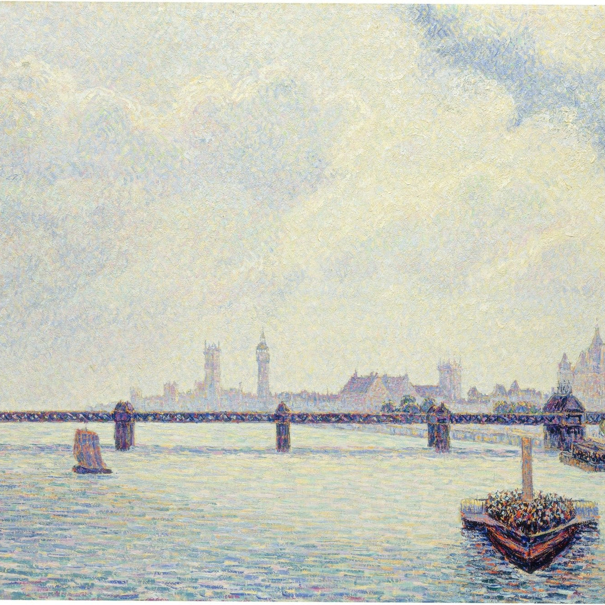 Hand-painted river bridge view with boats and city landscape oil painting on canvas