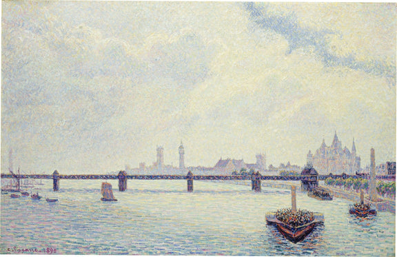 Hand-painted river bridge view with boats and city landscape oil painting on canvas