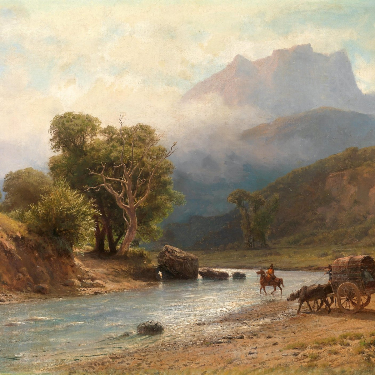 Landscape Oil Painting - River, Cart, Horses, Wooded Banks - Oil Painting Haven