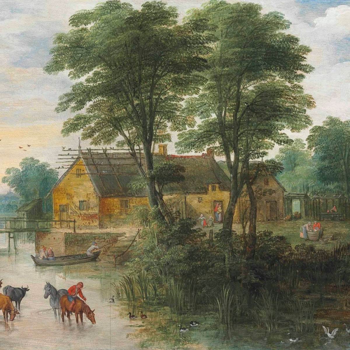 Landscape Oil Painting - River Cottages with Cattle at Dusk - Oil Painting Haven