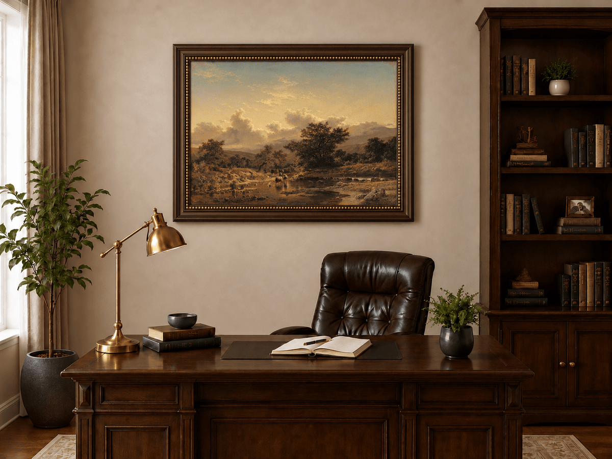 Pintura al óleo de paisaje - Ganado cruzando el río y cielo nublado