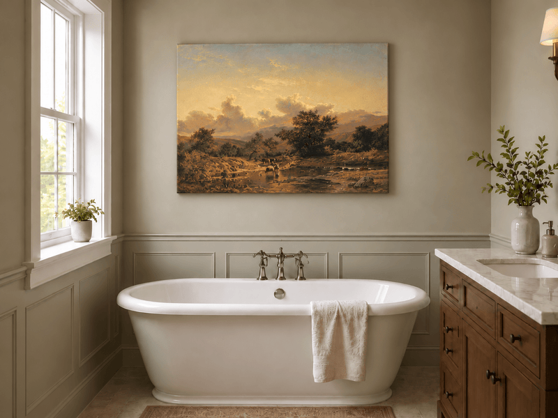 Pintura al óleo de paisaje - Ganado cruzando el río y cielo nublado