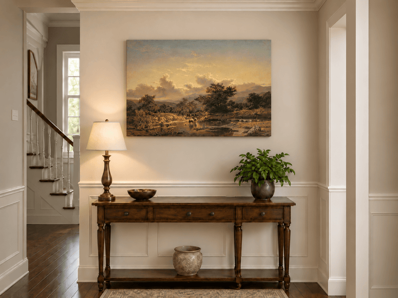 Pintura al óleo de paisaje - Ganado cruzando el río y cielo nublado