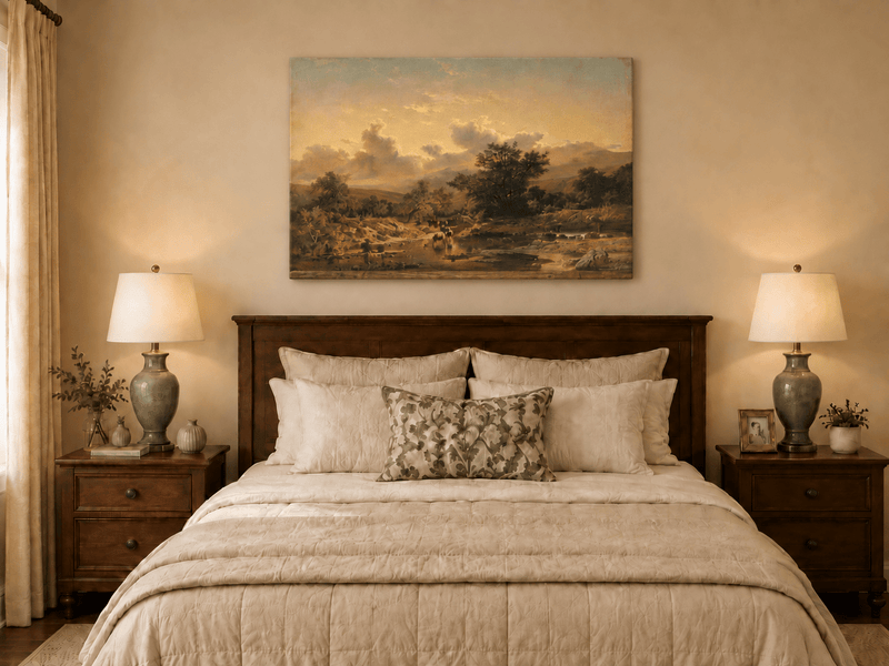 Pintura al óleo de paisaje - Ganado cruzando el río y cielo nublado