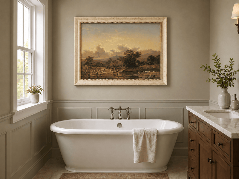 Pintura al óleo de paisaje - Ganado cruzando el río y cielo nublado