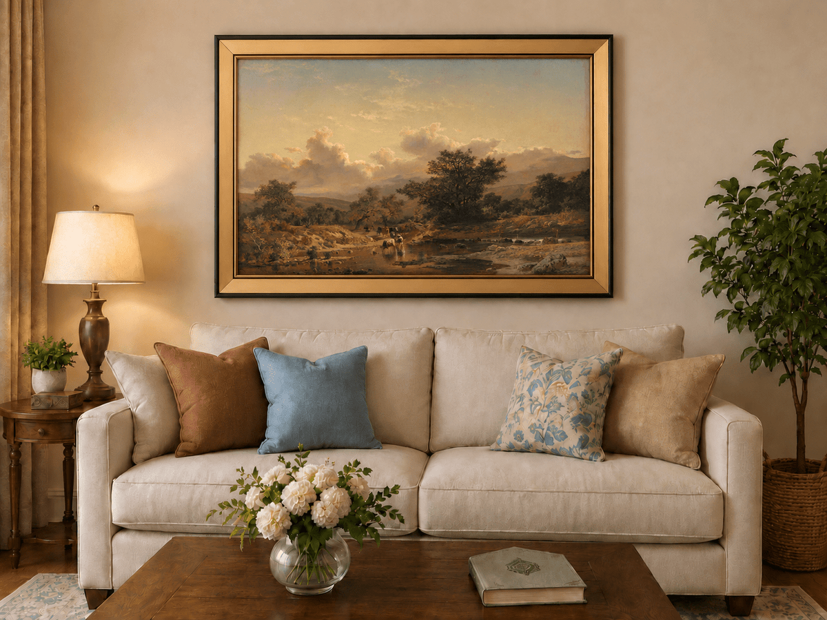 Pintura al óleo de paisaje - Ganado cruzando el río y cielo nublado