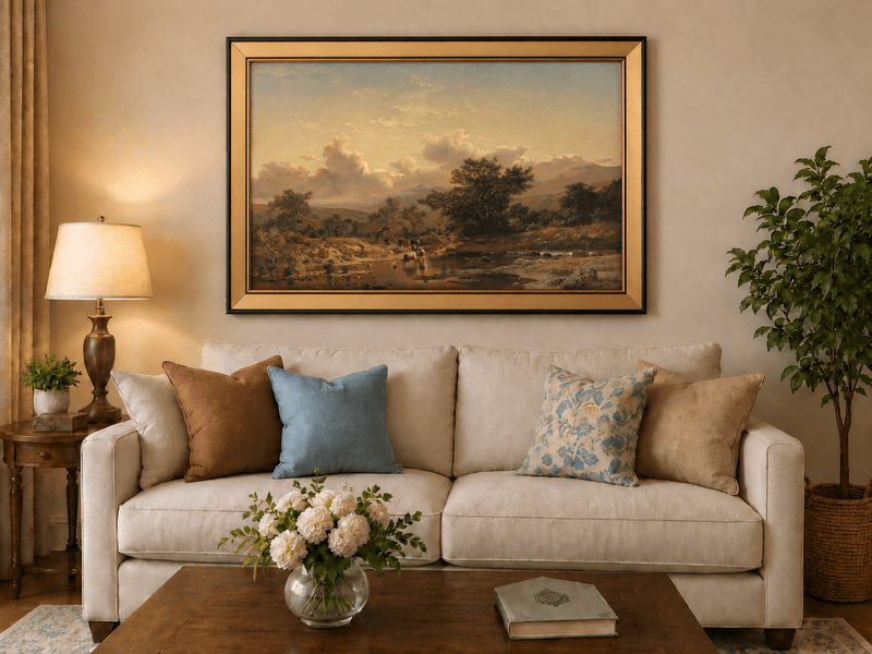 Pintura al óleo de paisaje - Ganado cruzando el río y cielo nublado