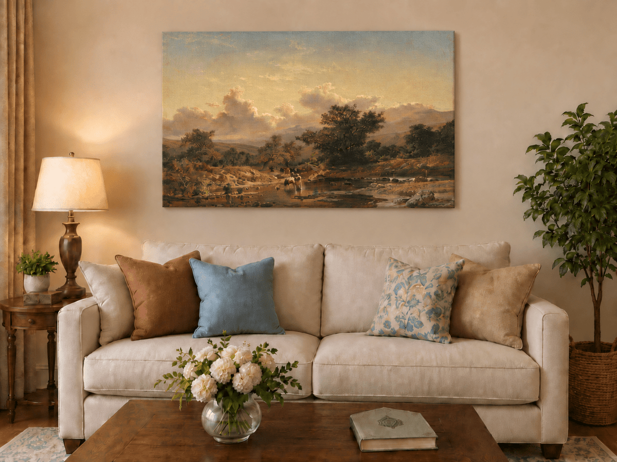 Pintura al óleo de paisaje - Ganado cruzando el río y cielo nublado