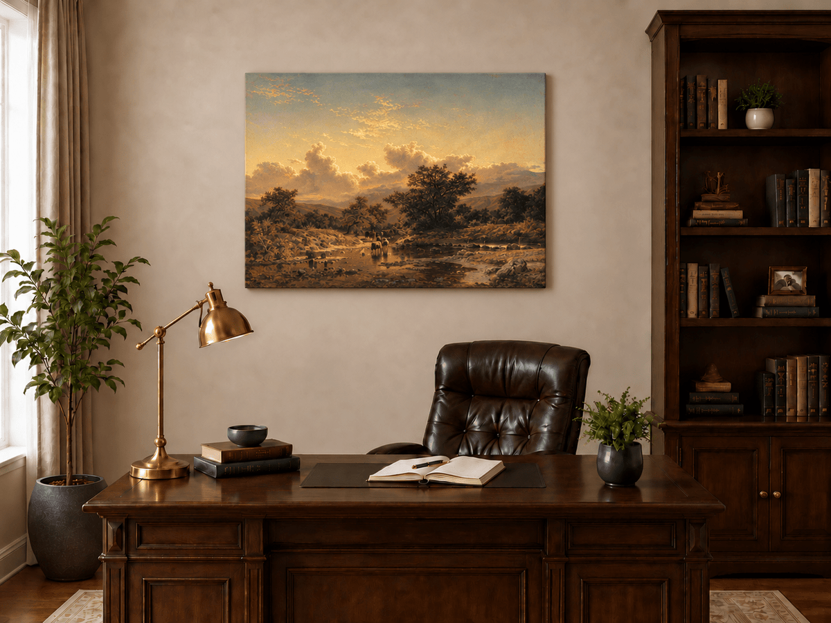 Pintura al óleo de paisaje - Ganado cruzando el río y cielo nublado