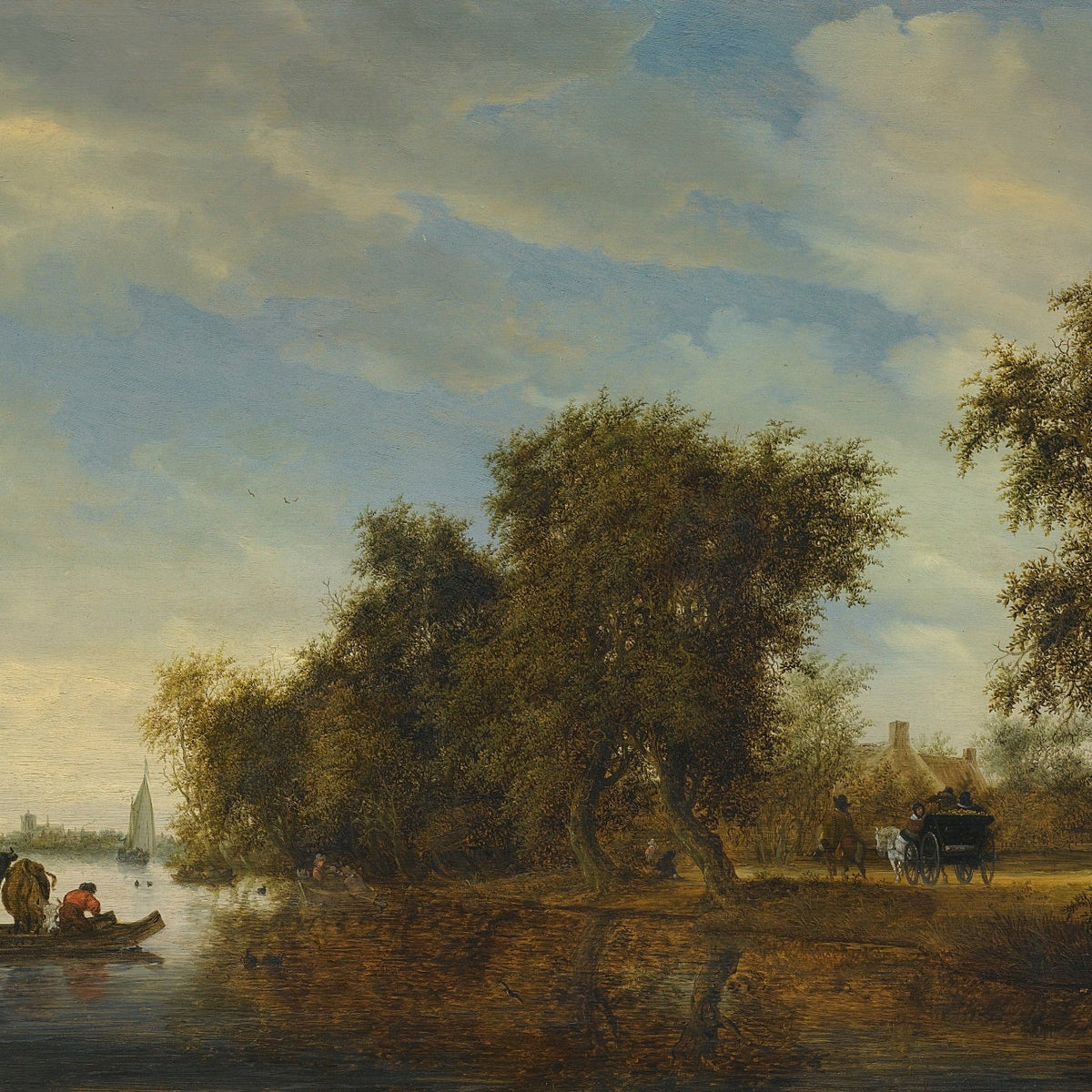 Hand-painted river crossing with cattle and cart landscape oil painting on canvas