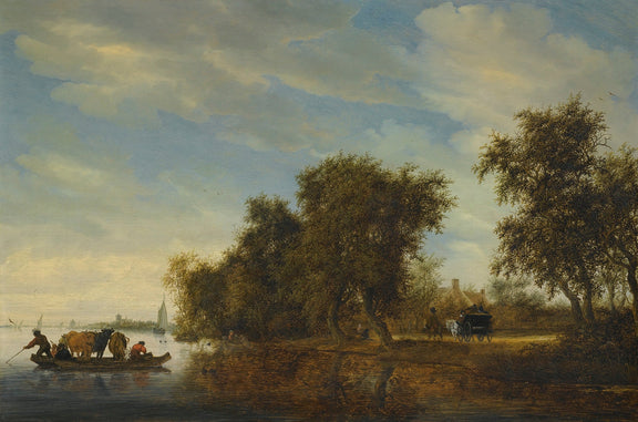 Hand-painted river crossing with cattle and cart landscape oil painting on canvas
