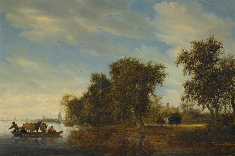 Hand-painted river crossing with cattle and cart landscape oil painting on canvas