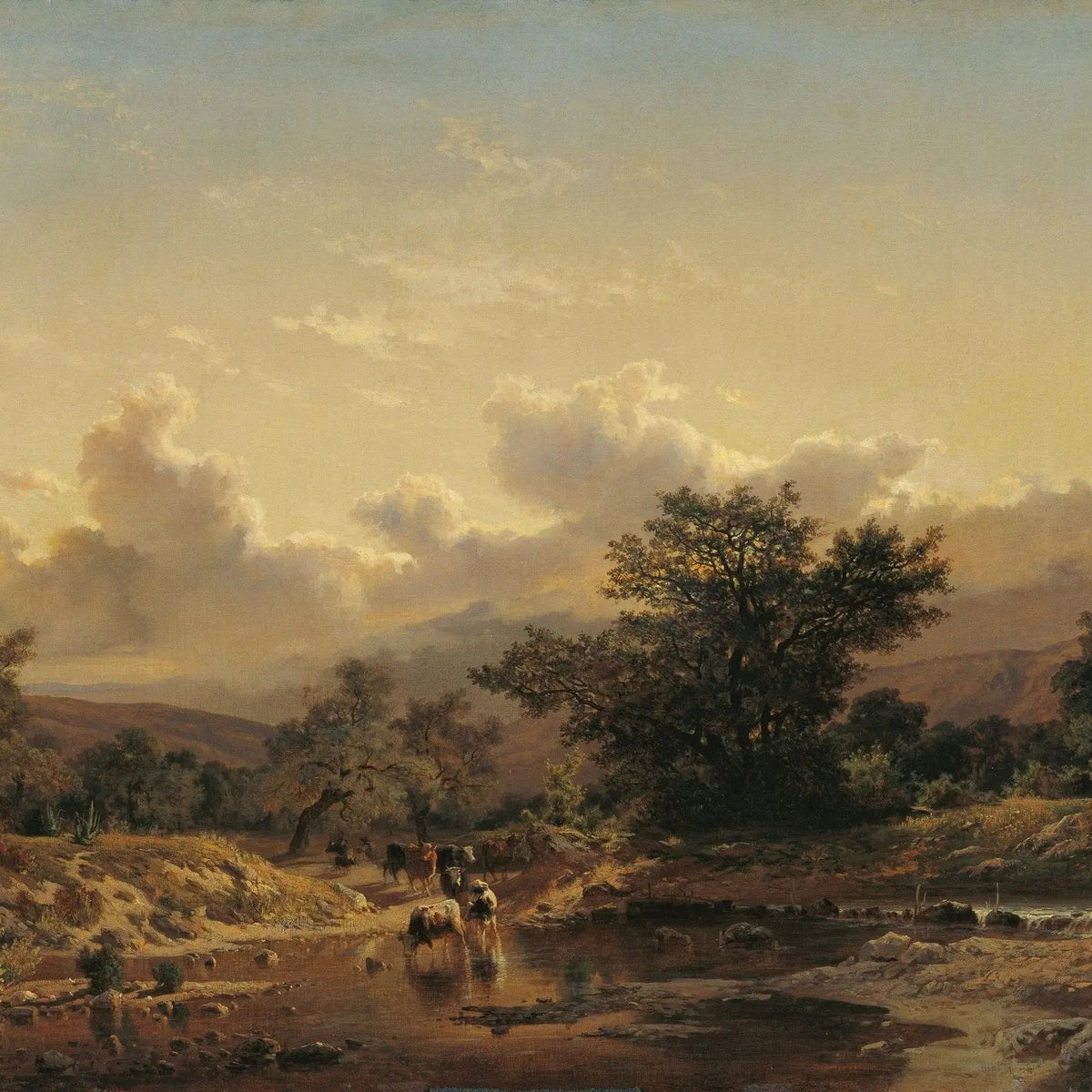 Landscape Oil Painting - River Crossing with Cattle and Cloudy Sky - Oil Painting Haven