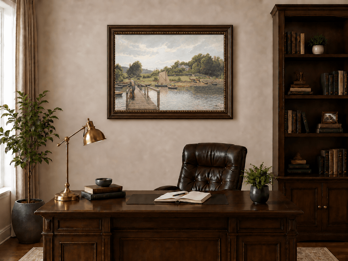 Landscape Oil Painting - River Dock with Sailboats and Family