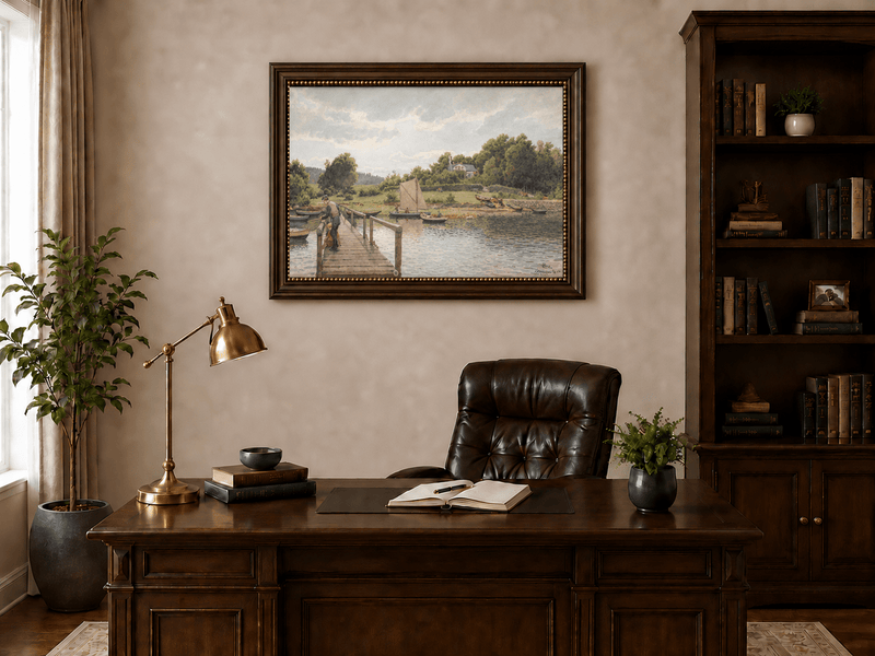 Landscape Oil Painting - River Dock with Sailboats and Family