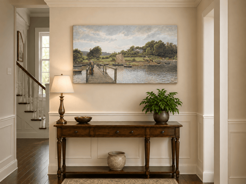 Landscape Oil Painting - River Dock with Sailboats and Family