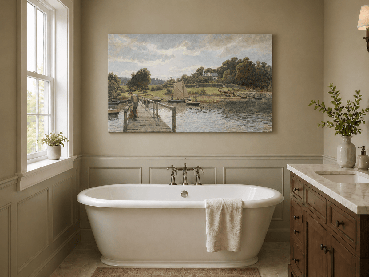 Landscape Oil Painting - River Dock with Sailboats and Family
