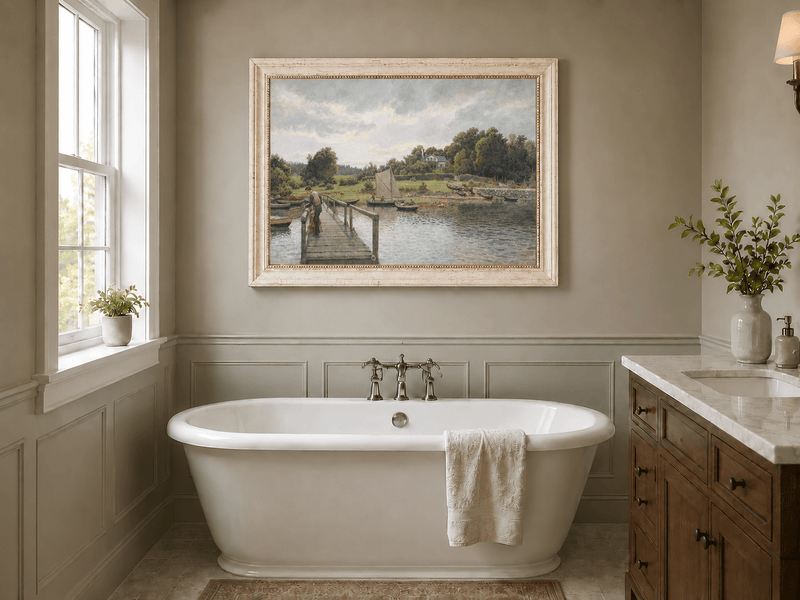 Landscape Oil Painting - River Dock with Sailboats and Family