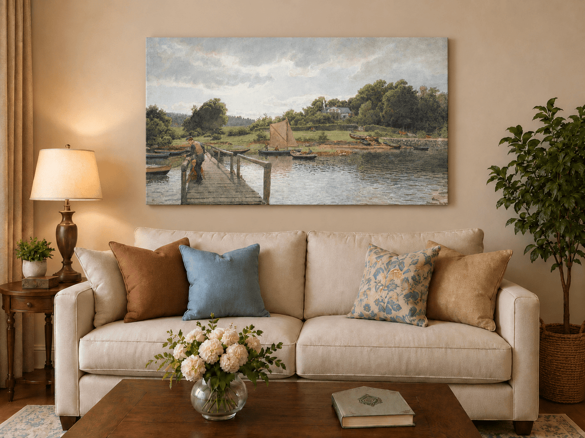 Landscape Oil Painting - River Dock with Sailboats and Family