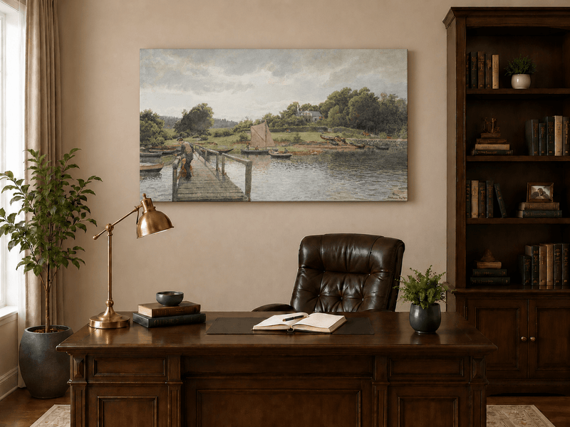Landscape Oil Painting - River Dock with Sailboats and Family