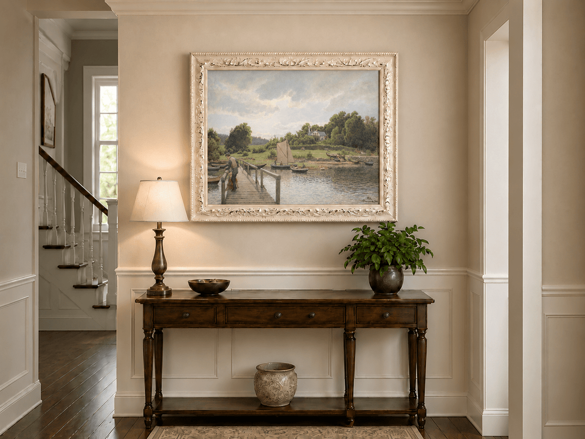 Landscape Oil Painting - River Dock with Sailboats and Family