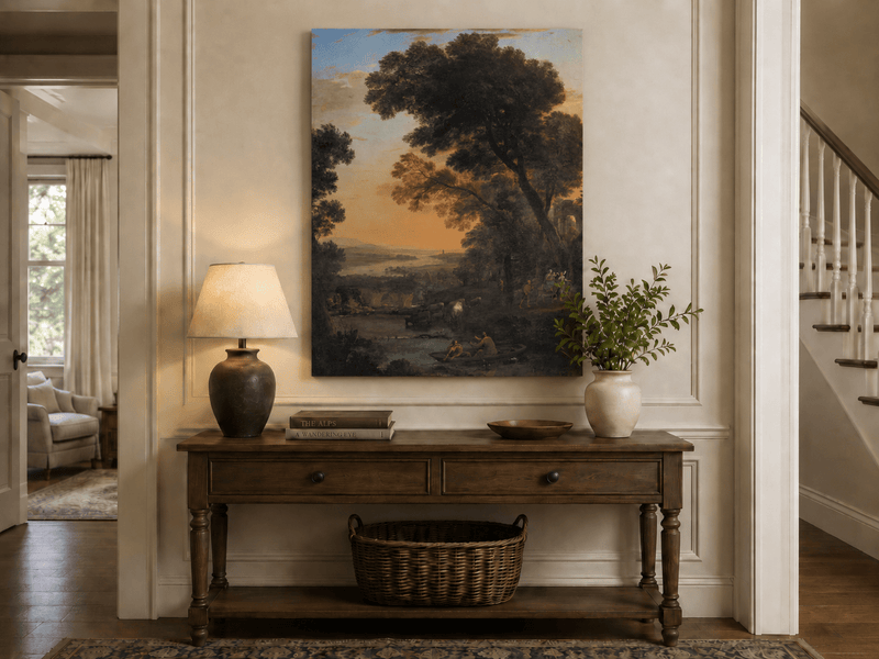 Landscape Oil Painting - River Figures & Cattle