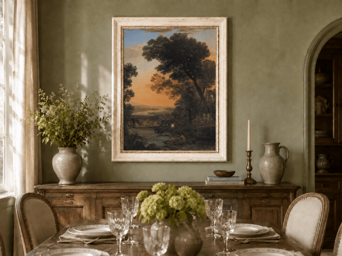 Landscape Oil Painting - River Figures & Cattle