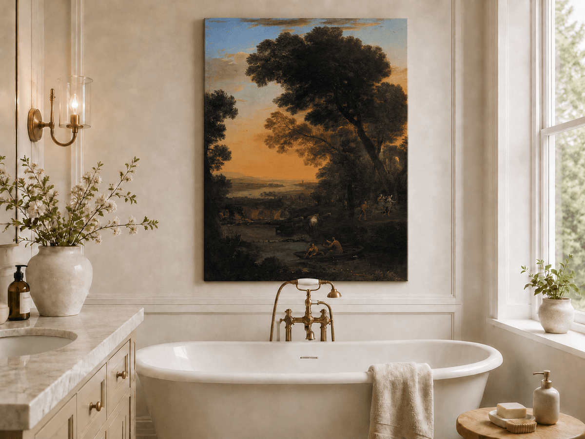 Landscape Oil Painting - River Figures & Cattle