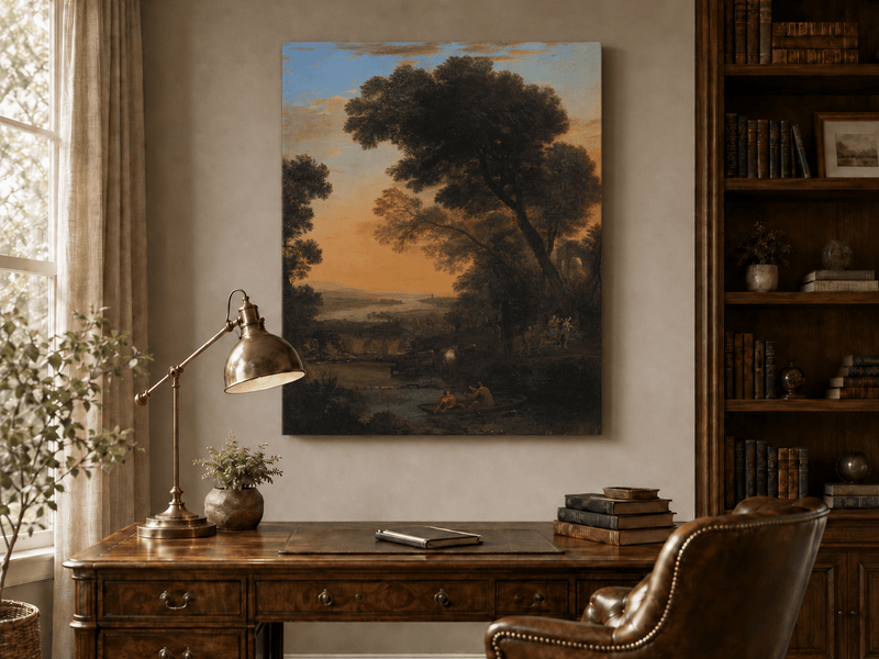 Landscape Oil Painting - River Figures & Cattle
