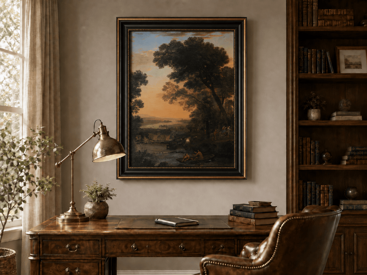 Landscape Oil Painting - River Figures & Cattle