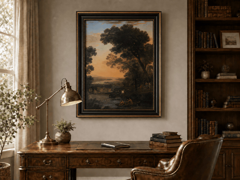 Landscape Oil Painting - River Figures & Cattle