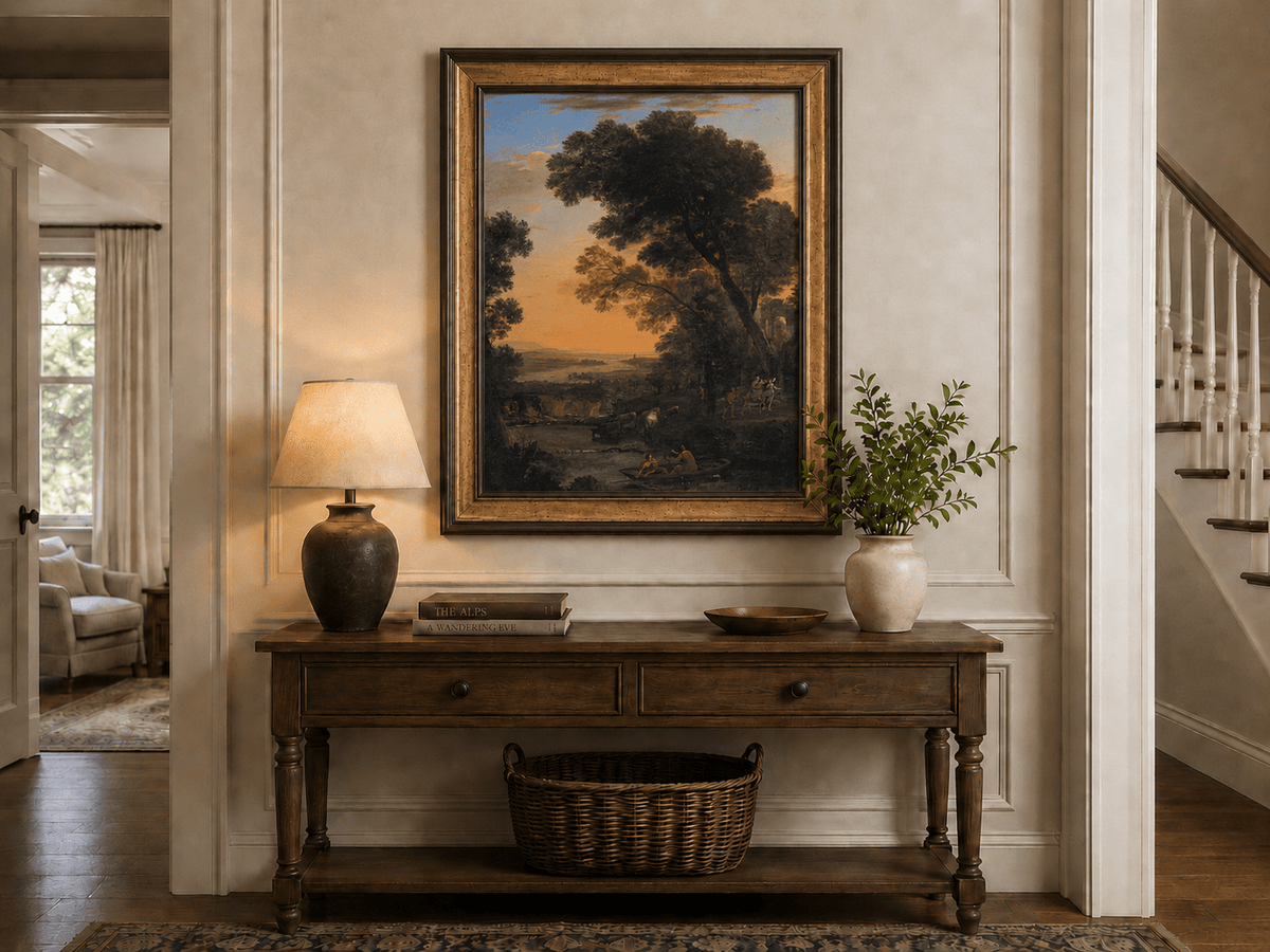 Landscape Oil Painting - River Figures & Cattle