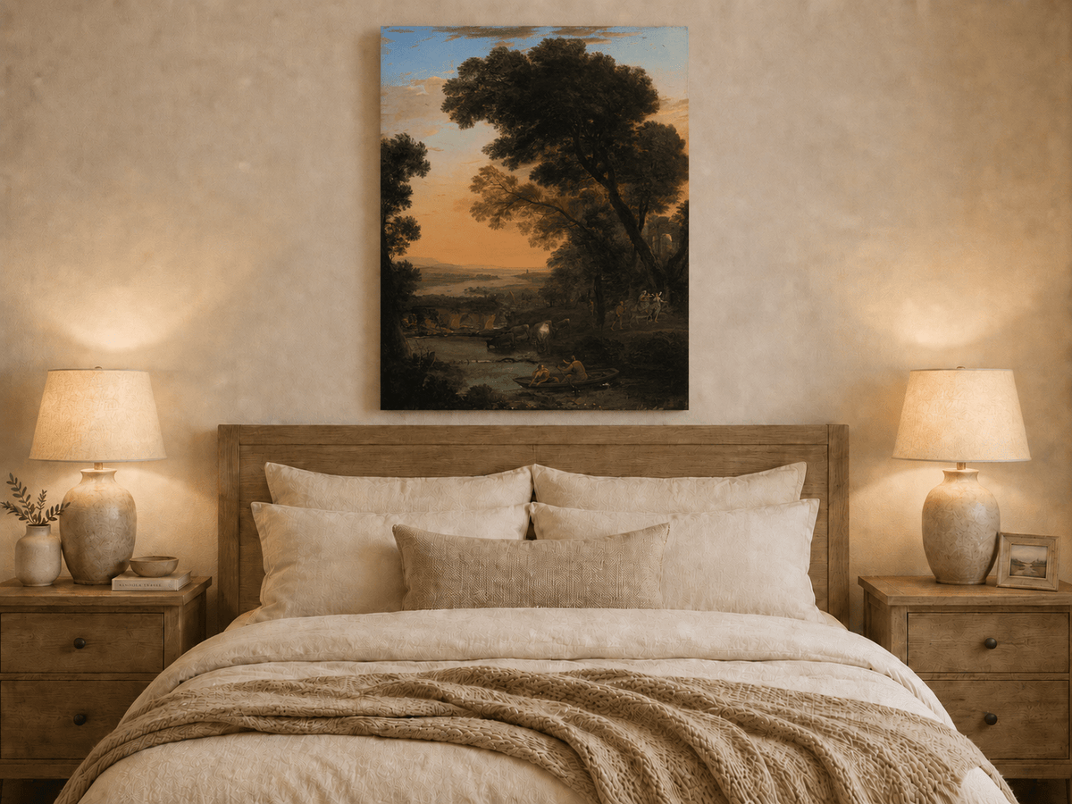 Landscape Oil Painting - River Figures & Cattle