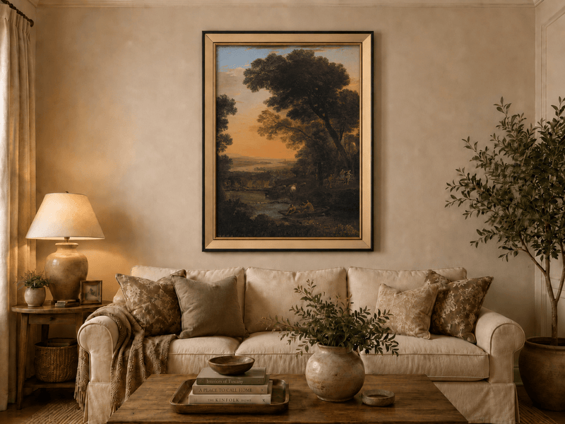 Landscape Oil Painting - River Figures & Cattle