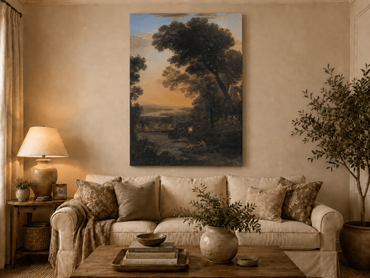 Landscape Oil Painting - River Figures & Cattle