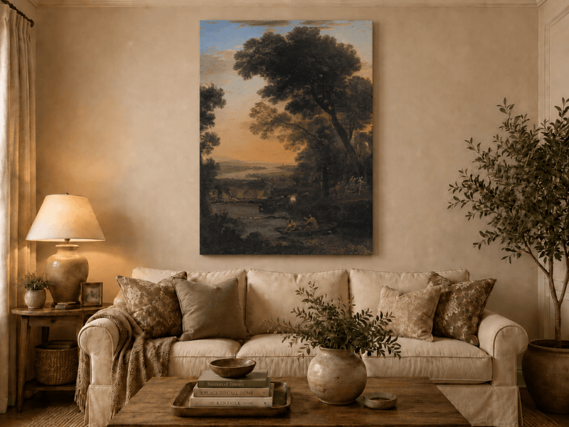 Landscape Oil Painting - River Figures & Cattle