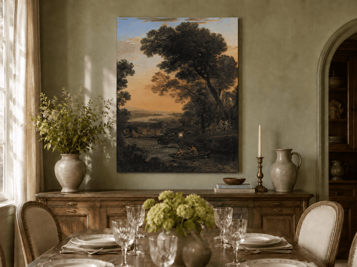Landscape Oil Painting - River Figures & Cattle