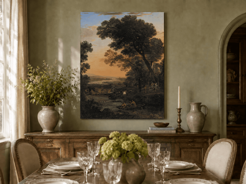 Landscape Oil Painting - River Figures & Cattle