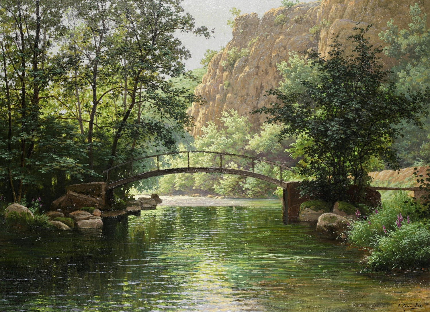 Landscape Oil Painting - River, Footbridge, Lush Woods & Rocky Cliff - Oil Painting Haven